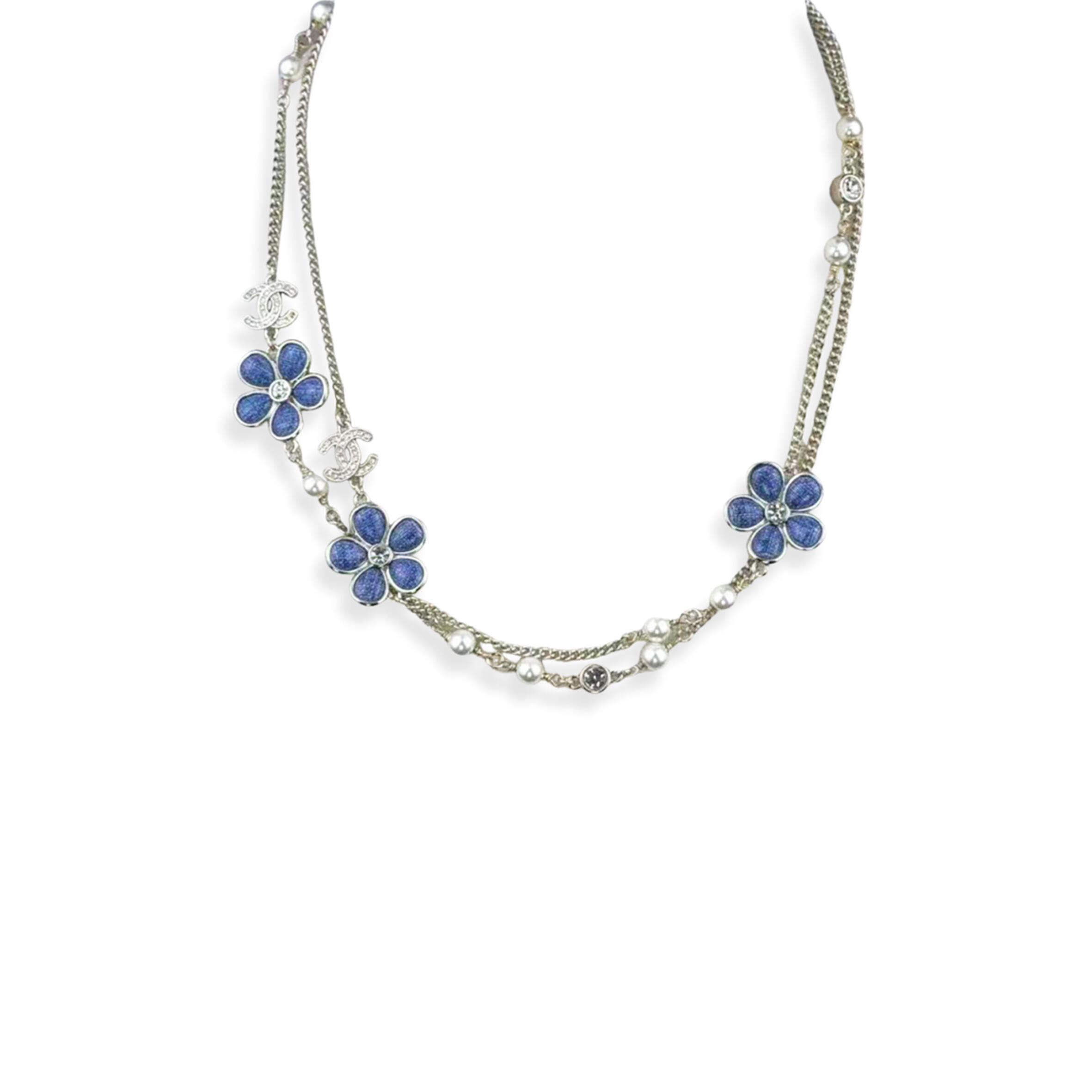 ch**el De*1m enamel flower crystal light gold double c double chain necklace